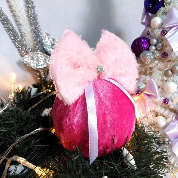 Σετ 4 χριστουγγενιάτικες μπάλες με ροζ βελούδο-ροζ γούνα 12×8×8cm/τμχ - χριστούγεννα, στολίδια, πρωτοχρονιά, μπάλες - 2