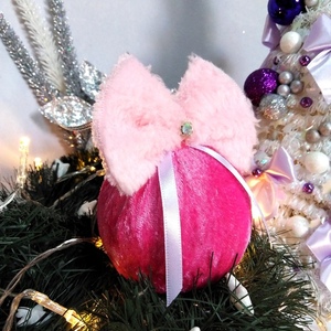 Σετ 4 χριστουγγενιάτικες μπάλες με ροζ βελούδο-ροζ γούνα 12×8×8cm/τμχ - χριστούγεννα, στολίδια, πρωτοχρονιά, μπάλες - 2