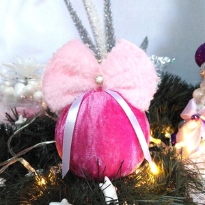 Σετ 4 χριστουγγενιάτικες μπάλες με ροζ βελούδο-ροζ γούνα 12×8×8cm/τμχ - χριστούγεννα, στολίδια, πρωτοχρονιά, μπάλες - 3