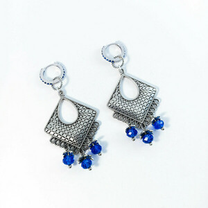 Boho σκουλαρίκια με μπλε κρύσταλλα - επάργυρα, χάντρες, μακριά, boho, μεγάλα - 2