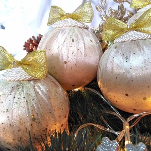 Σετ 4 χριστουγγενιάτικες μπάλες σατέν σαμπανί-οργάντζα γκλίτερ 10×8×8cm - χριστούγεννα, στολίδια, πρωτοχρονιά, μπάλες - 2