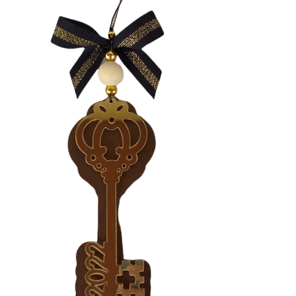 Κλειδί - γούρι σε καφέ, χρυσό χρώμα - 15 εκ. - ξύλο, γυαλί, κλειδί, γούρια