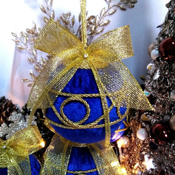 Σετ 4 χριστουγγενιάτικες μπάλες βελούδο μπλε-χρυσό 12,5×8×8cm/τμχ - χριστούγεννα, στολίδια, πρωτοχρονιά, μπάλες - 5