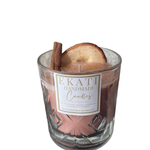 Κρυστάλλινο ποτήρι με χειροποίητο κερι μηλόπιτα-300ml - δώρο, χειροποίητα, αρωματικά κεριά, φθινόπωρο