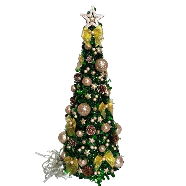 Χριστουγεννιάτικο δέντρο στολισμένο σαμπανί-χρυσό με λαμπάκια 50×22cm - χριστουγεννιάτικο δέντρο, διακοσμητικά, χριστούγεννα, πρωτοχρονιά, δέντρο