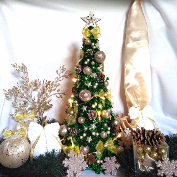 Χριστουγεννιάτικο δέντρο στολισμένο σαμπανί-χρυσό με λαμπάκια 50×22cm - χριστουγεννιάτικο δέντρο, διακοσμητικά, χριστούγεννα, πρωτοχρονιά, δέντρο - 2