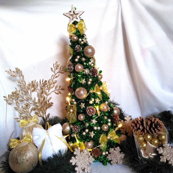 Χριστουγεννιάτικο δέντρο στολισμένο σαμπανί-χρυσό με λαμπάκια 50×22cm - χριστουγεννιάτικο δέντρο, διακοσμητικά, χριστούγεννα, πρωτοχρονιά, δέντρο - 3