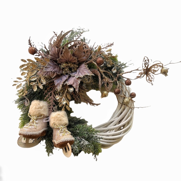 Χριστουγεννιάτικο στεφανι με παγοπέδιλο και αλεξανδρινό λουλούδι - στεφάνια, διακοσμητικά, χιονονιφάδα