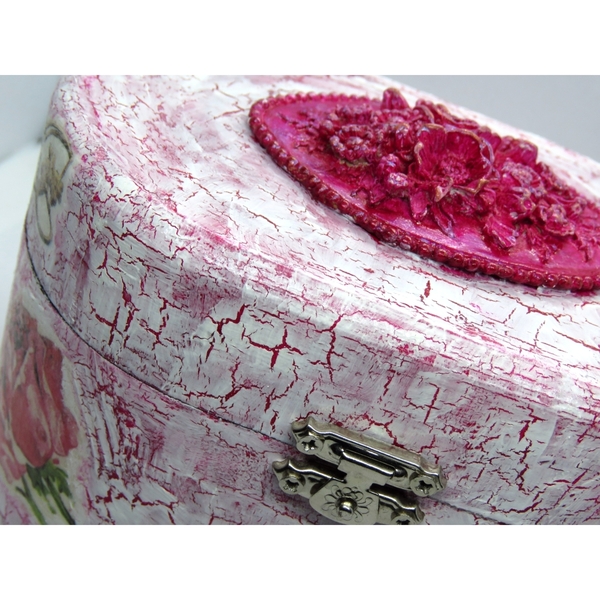 Ξύλινο κουτί μπιζουτιέρα κρακελέ με λουλούδια φούξια λευκό - λουλούδια, κοσμηματοθήκη - 3