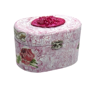 Ξύλινο κουτί μπιζουτιέρα κρακελέ με λουλούδια φούξια λευκό - λουλούδια, κοσμηματοθήκη - 4