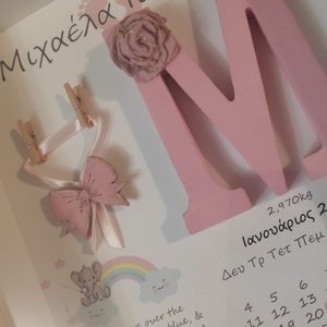 Καδρακι προσωποποιημένο με στοιχεία γέννησης shadow με βάθος και plexiglass σε ροζ με μονόγραμμα, διακοσμητικά φιογκάκια και Χειροποίητα λουλούδια πηλου - κορίτσι, προσωποποιημένα, ενθύμια γέννησης - 3