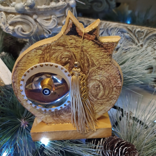 Ξύλινο ρόδι με μέταλλο 15cm - ξύλο, ρόδι, διακοσμητικά, χριστουγεννιάτικα δώρα - 3
