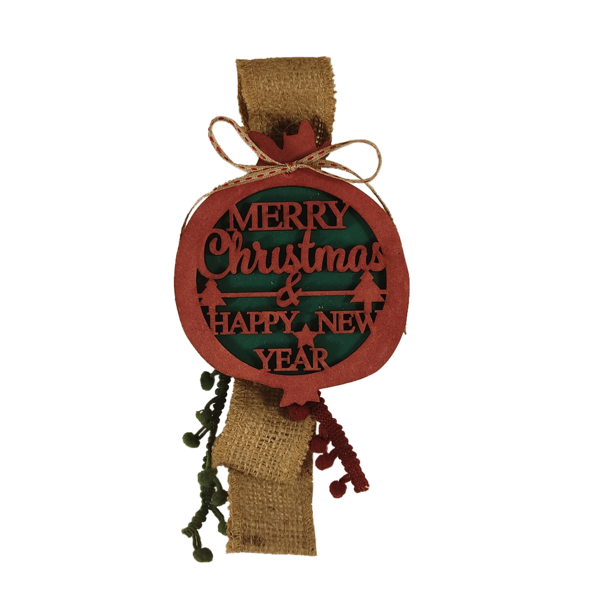 Κρεμαστό γούρι με διασκομσητικό ξύλινο ρόδι (Merry Christmas) - ξύλο, ρόδι, γούρια