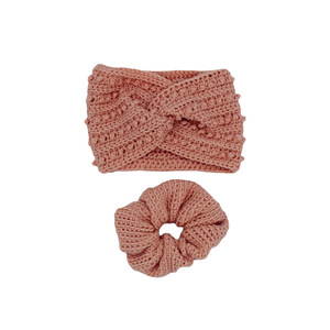 Σετ Κορδέλα μαλλιών πλέκτη headband λαστιχάκι scrunchie σομόν - λαστιχάκι, headbands, σετ δώρου, δώρα για γυναίκες