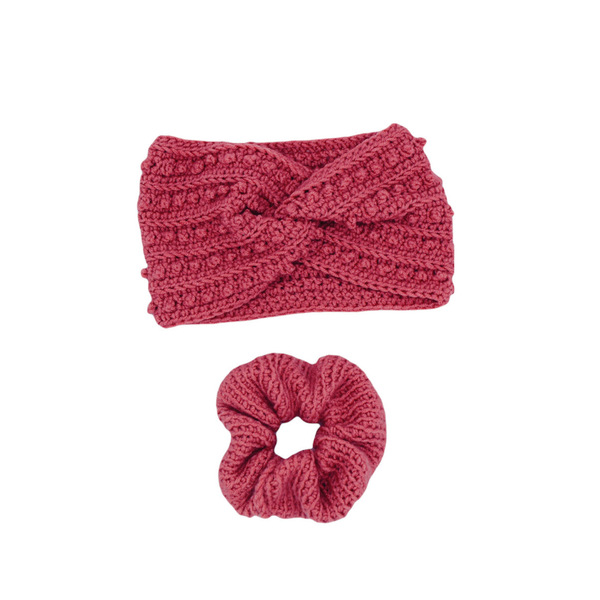 Σετ Κορδέλα μαλλιών πλέκτη headband λαστιχάκι scrunchies σκούρο ροζ - λαστιχάκι, headbands, σετ δώρου, δώρα για γυναίκες