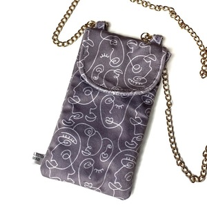 Χειροποίητο γκρι γυναικείο βελούδινο τσαντάκι κινητού -Grey faces velvet mobile bag - θήκες