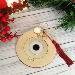 Γούρι 2024 Ξύλινο Mάτι-Ρόδι με Plexiglass Gold - δώρο, διακόσμηση, χριστουγεννιάτικα δώρα, γούρια - 3