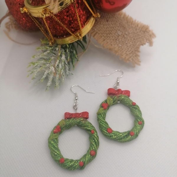 Χειροποίητα Χριστούγεννιατικα σκουλαρίκια πράσινα απο πλυμερικό πηλό-. - πηλός, κρεμαστά, μεγάλα, χριστούγεννα, δώρα για γυναίκες