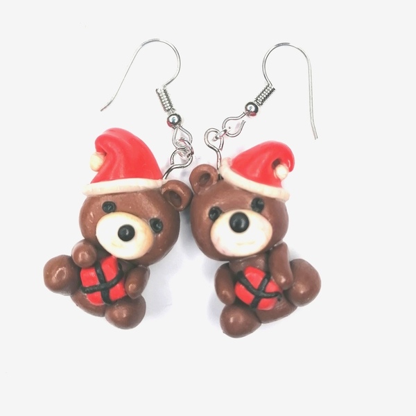 Χειροποίητα Χριστούγεννιατικα αρκούδακια σκουλαρίκια από πλυμπιακό πηλός-. - πηλός, κρεμαστά, χριστούγεννα, χριστουγεννιάτικα δώρα