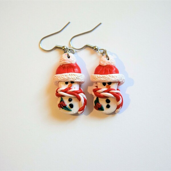 SNOWMAN RED- Κρεμαστά σκουλαρίκια " χιονανθρωπάκια - πηλός, κρεμαστά, γάντζος, χριστουγεννιάτικα δώρα
