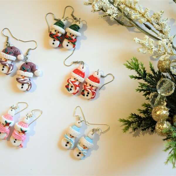 SNOWMAN RED- Κρεμαστά σκουλαρίκια " χιονανθρωπάκια - πηλός, κρεμαστά, γάντζος, χριστουγεννιάτικα δώρα - 2