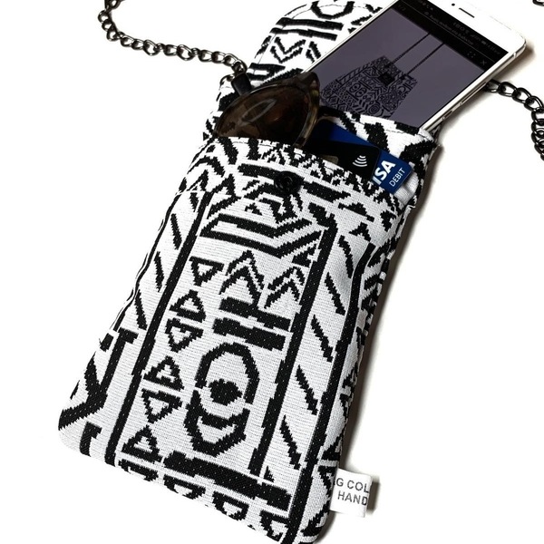 Χειροποίητο γυναικείο ασπρόμαυρο τσαντάκι κινητού - black boho mobile bag - θήκες - 2