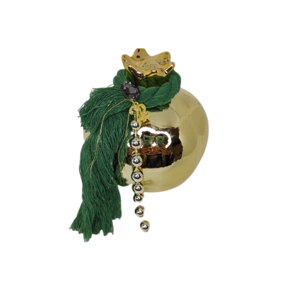 Κεραμικό Ρόδι Χρυσό Γούρι 2022 10x12cm πράσινη φούντα - charms, χριστουγεννιάτικο, ρόδι, γούρια