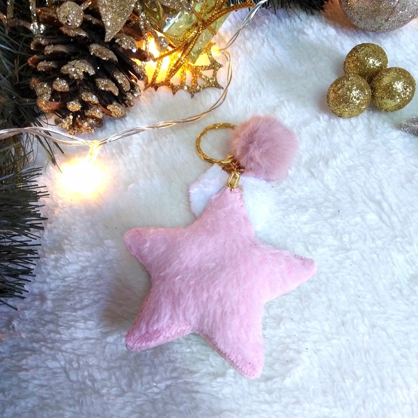 Γούρι 2024 μπρελόκ αστέρι 2 όψεων χρυσό lurex-ροζ γούνα 13,5*8cm - γούρι, χριστούγεννα, χριστουγεννιάτικα δώρα, γούρια, πρωτοχρονιά - 2