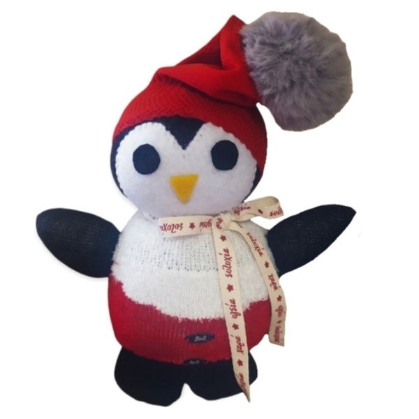 Χειροποίητος πιγκουΐνος από κάλτσες με σκουφάκι - δώρο, χριστουγεννιάτικο, διακοσμητικά