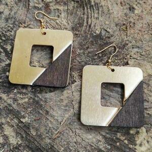 Wood and Metal boho square earrings - ξύλο, ατσάλι, boho, κρεμαστά, μεγάλα - 2