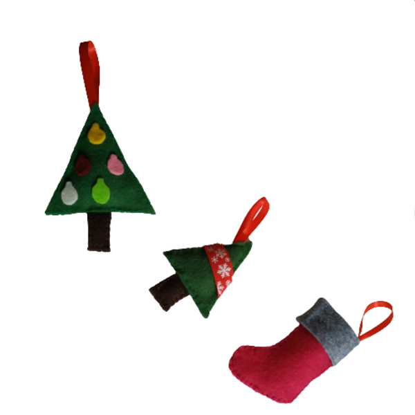Χριστουγεννιάτικα στολίδια (δεντράκια και κάλτσα) από τσόχα σετ 3τμχ - ύφασμα, δέντρα, στολίδια