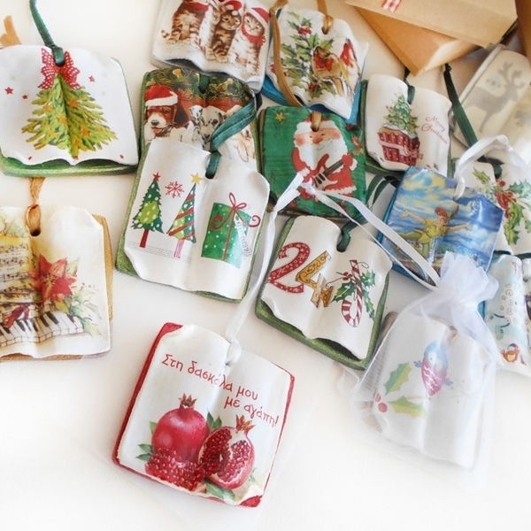 Μίνι πήλινα βιβλιαράκια, Χριστουγεννιάτικα προσωποποιημενα στολίδια, δωρα για τους δασκάλους - πηλός, δασκάλα, στολίδια, δώρα για δασκάλες