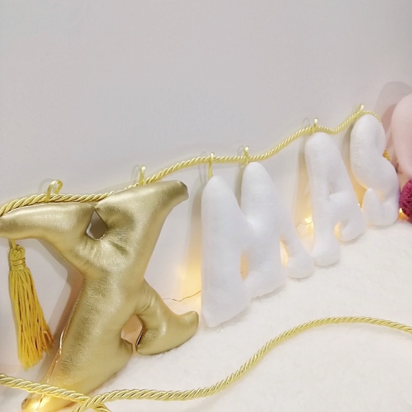 Υφασμάτινη διακοσμητική γιρλάντα XMAS από λευκό απαλό ύφασμα με χρυσές δερμάτινες λεπτομέρειες μήκους 150 εκατοστών - ύφασμα, διακόσμηση, χριστουγεννιάτικο, διακοσμητικά - 5