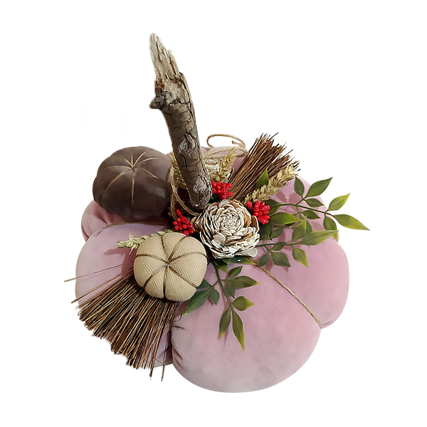 Βελουδινη κολοκύθα με λουλούδια, μεγάλη, ροζ - βελούδο, χριστουγεννιάτικο, διακοσμητικά, χριστουγεννιάτικα δώρα, κολοκύθα