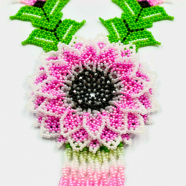 Μακρύ κολιέ με ροζ λουλούδι από γυάλινες χάντρες - μήκος 50εκ. - χάντρες, μακριά, λουλούδι, boho, μεγάλα - 2