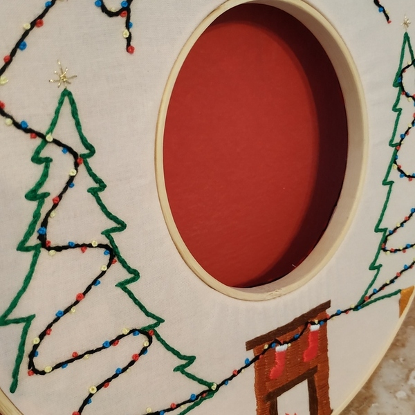 Χριστουγεννιάτικο Κεντημένο Στεφάνι/Τελάρο- Καλά Χριστούγεννα - ύφασμα, ξύλο, στεφάνια, διακοσμητικά, δέντρο - 3