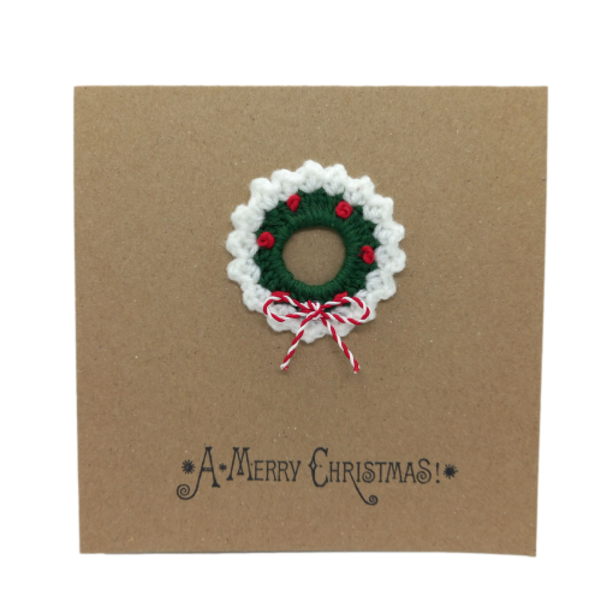 Χριστουγεννιάτικη κάρτα με πλεκτό στεφάνι - νήμα, χριστουγεννιάτικο, χριστουγεννιάτικα δώρα, ευχετήριες κάρτες
