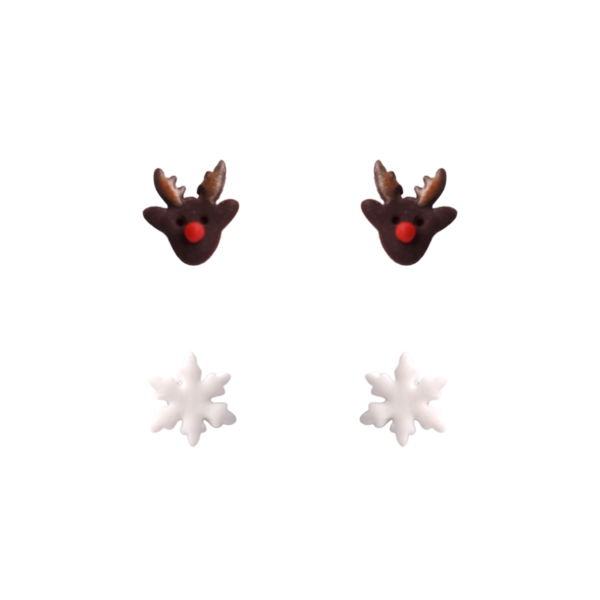 Reindeer & Snowflake | Σετ με 2 μικρά καρφωτά χειροποίητα χριστουγεννιάτικα ζευγάρια σκουλαρίκια τάρανδοι και χιονονιφάδες από πηλό (1εκ., ατσάλι) - πηλός, καρφωτά, μικρά, ατσάλι, χριστούγεννα