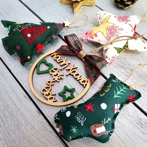 Χριστουγεννιάτικα Στολίδια Καλή Χρονιά Θείε και Θεία Σετ 4τμχ - ύφασμα, ξύλο, χριστουγεννιάτικα δώρα, στολίδια - 3