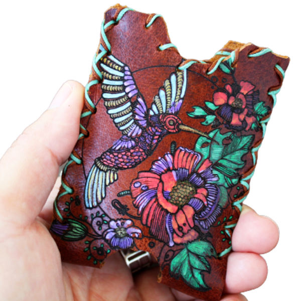 Γυναικείο Δερμάτινο Πορτοφόλι Καρτών Tropical ζωγραφισμένο και ραμμένο στο χέρι - δέρμα, γυναικεία, φθηνά - 4