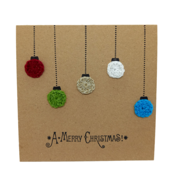 Χριστουγεννιάτικη κάρτα με πλεκτά στολίδια - νήμα, στολίδι, στολίδι δέντρου, ευχετήριες κάρτες