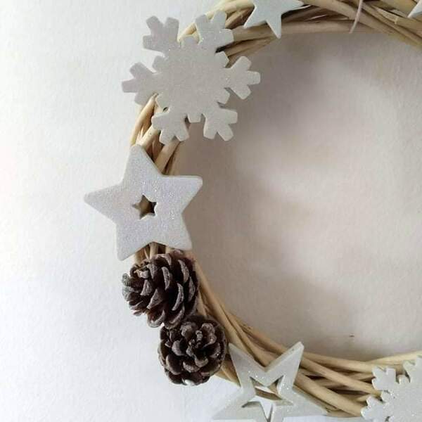 Χριστουγεννιάτικο Στεφάνι Χειροποίητο bamboo 30cm - ξύλο, στεφάνια, αστέρι, διακοσμητικά, χιονονιφάδα - 2