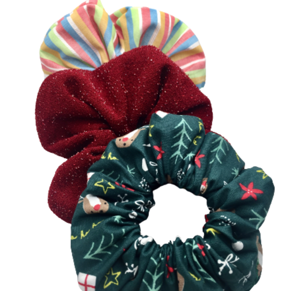 Σετ υφασμάτινα λαστιχάκια scrunchies ''sleigh ride'' 3 τμχ - λαστιχάκια μαλλιών, για τα μαλλιά, κορίτσι, χριστουγεννιάτικα δώρα