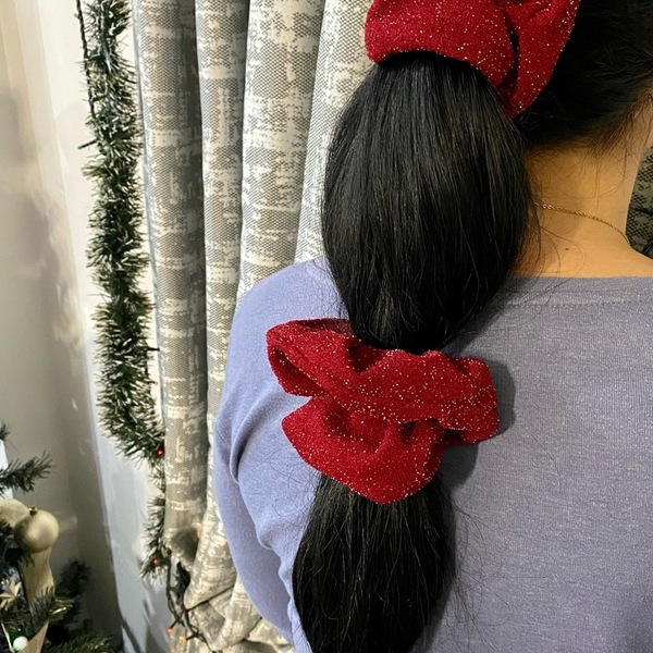 Υφασμάτινο λαστιχάκι scrunchie μπορντό με ασημένιο νήμα - ύφασμα, κορίτσι, κορδόνια, για τα μαλλιά, λαστιχάκια μαλλιών - 5