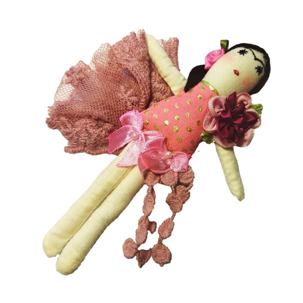 Πάνινο Παιδικό Κρεμαστό Πορτοφόλι με αποσπώμενη μινιατούρα "Fridita No3" ροζ-πράσινο 10*15 εκ. - χειροποίητα, κουκλίτσα, μινιατούρες φιγούρες, τσαντάκια - 2