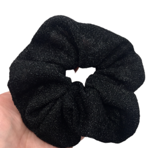 Υφασμάτινο λαστιχάκι scrunchie black με ασημένιο νήμα - ύφασμα, κορίτσι, μαύρα, για τα μαλλιά, λαστιχάκια μαλλιών - 2