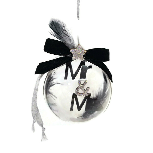 Χριστουγεννιάτικη μπάλα 6cm Mr & Mrs με φτερά - βελούδο, plexi glass, χριστουγεννιάτικα δώρα, στολίδια, μπάλες
