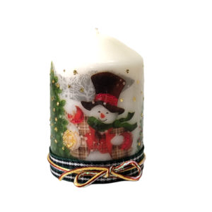 Διακοσμητικό κερί με decoupage χιονάνθρωπος Ύψος 10cm - ντεκουπάζ, χειροποίητα, χριστουγεννιάτικα δώρα, κεριά & κηροπήγια