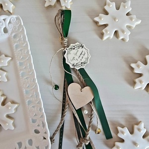 Γούρι για την νέα χρονιά ξύλινη καρδούλα πράσινη βελούδινη κορδέλα - ξύλο, charms, χριστουγεννιάτικα δώρα, γούρια - 2