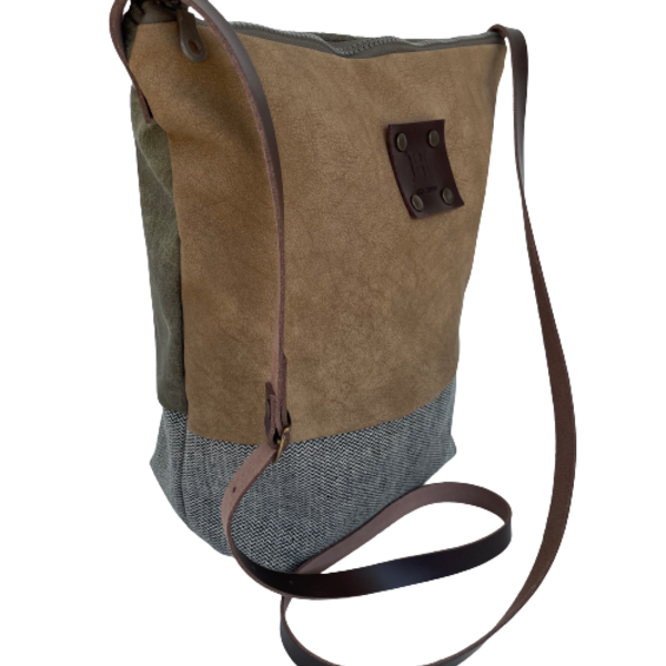 Χειροποίητη τσάντα messenger δερματίνη ύφασμα sara - δέρμα, ύφασμα, χιαστί, μεγάλες